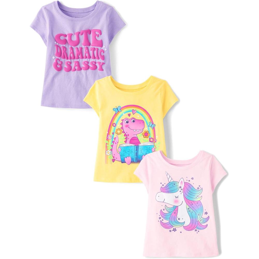 imageThe Childrens Place BabyGirls and Toddler UnicornsButterfliesTrends Short Sleeve Graphic TShirts3 PackDinoUnicornCute