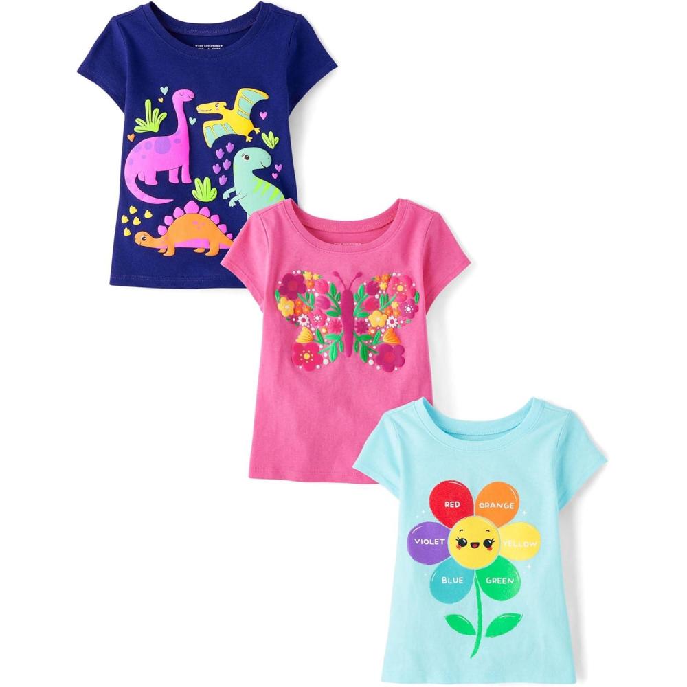 imageThe Childrens Place BabyGirls and Toddler UnicornsButterfliesTrends Short Sleeve Graphic TShirts3 PackFlowersButterflyDinos