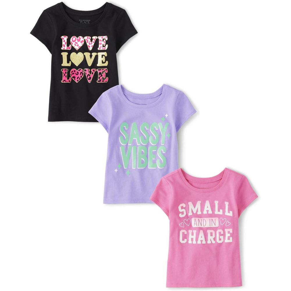 imageThe Childrens Place BabyGirls and Toddler UnicornsButterfliesTrends Short Sleeve Graphic TShirts3 PackSassyLovein Charge