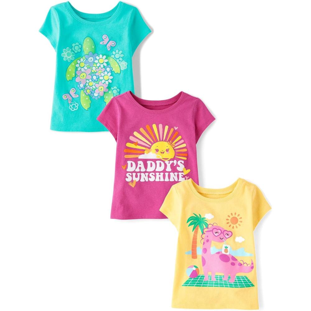 imageThe Childrens Place BabyGirls and Toddler UnicornsButterfliesTrends Short Sleeve Graphic TShirts3 PackTurtleDinoDaddys Sunshine