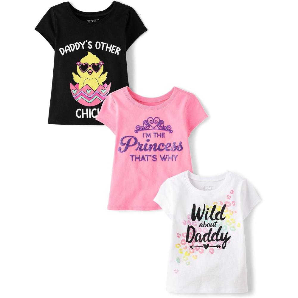 imageThe Childrens Place BabyGirls and Toddler UnicornsButterfliesTrends Short Sleeve Graphic TShirts3 PackWildDad ChickPrincess