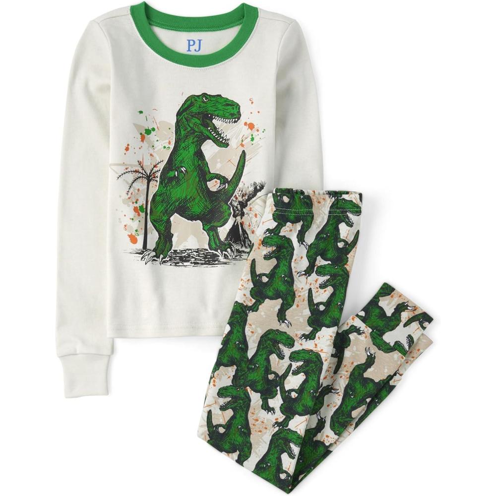 imageThe Childrens Place Boys 100 Cotton Long Sleeve Top and Pants2 Piece Pajama SetGreen Trex