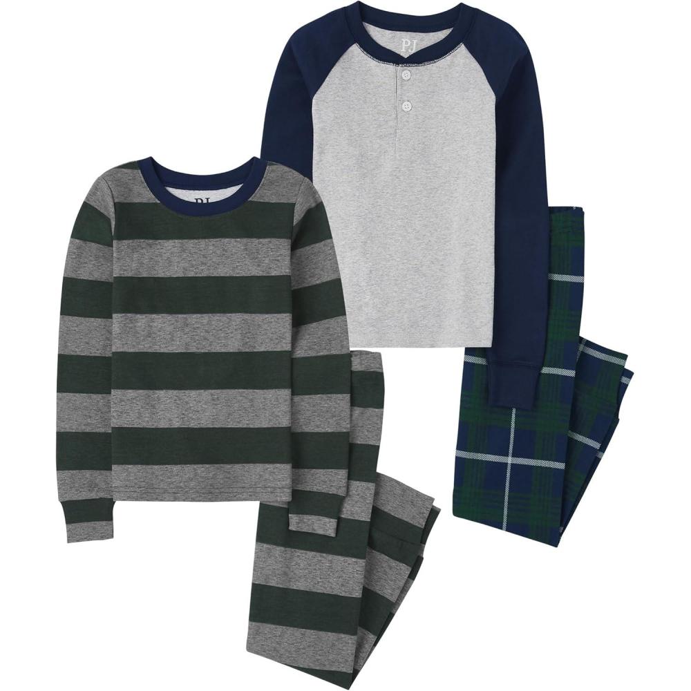imageThe Childrens Place Boys 100 Cotton Long Sleeve Top and Pants2 Piece Pajama SetRaglanStripe 2pack