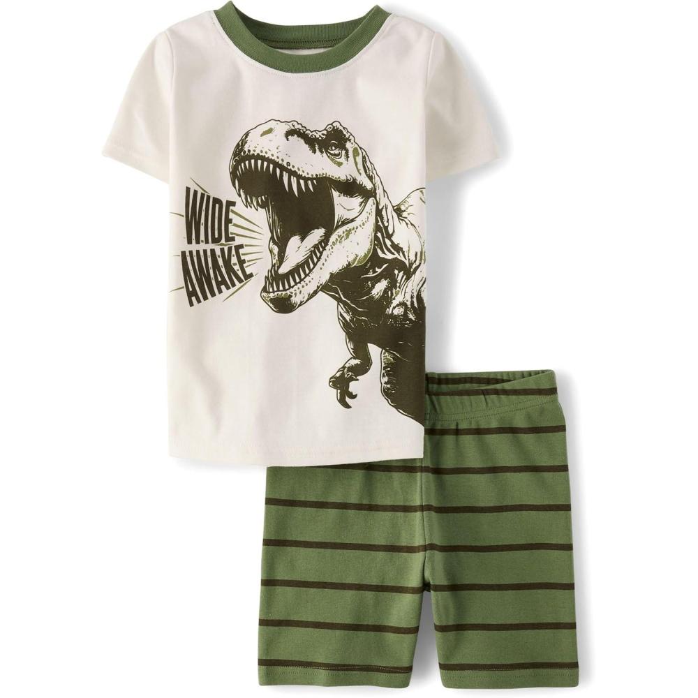 imageThe Childrens Place Boys 100 Cotton Sleeve Top and Shorts 2 Piece Pajama SetOlive Dino