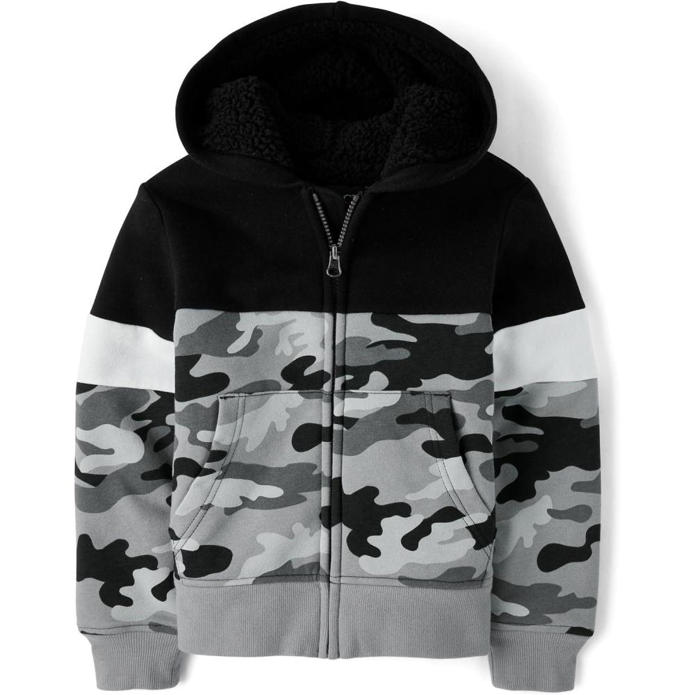 imageThe Childrens Place Boys Long Sleeve Sherpa Lined ZipFront Hoodie SweatshirtBlack Camo Colorblock