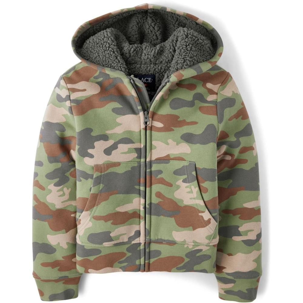 imageThe Childrens Place Boys Long Sleeve Sherpa Lined ZipFront Hoodie SweatshirtMisty Glen Camo