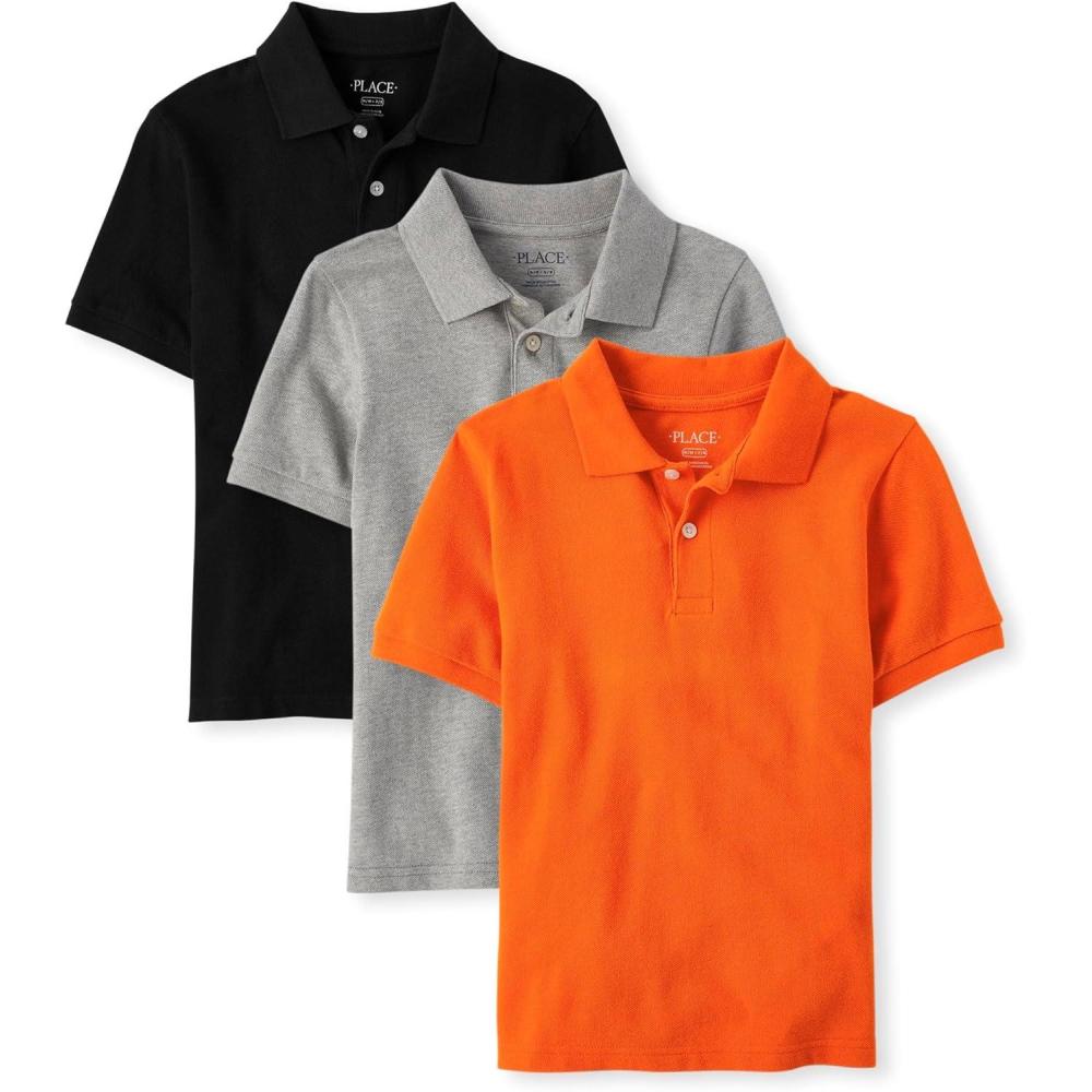 imageThe Childrens Place Boys Multipack Short Sleeve Pique PoloFlameSmokeBlack