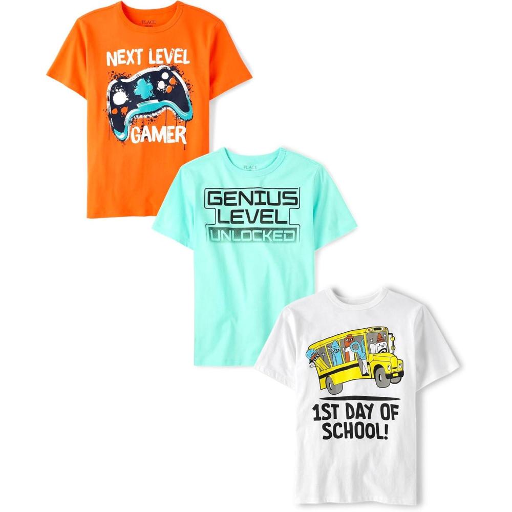 imageThe Childrens Place Boys SchoolLearning Short Sleeve Graphic TShirts3 PackNext LevelGenius1st Day of School