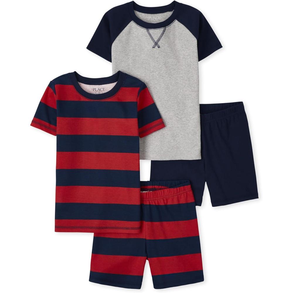 imageThe Childrens Place Boys Sleeve Top and Shorts Snug Fit 100 Cotton 4 Piece Pajama SetNavyRed Rugby Stripe 2pack
