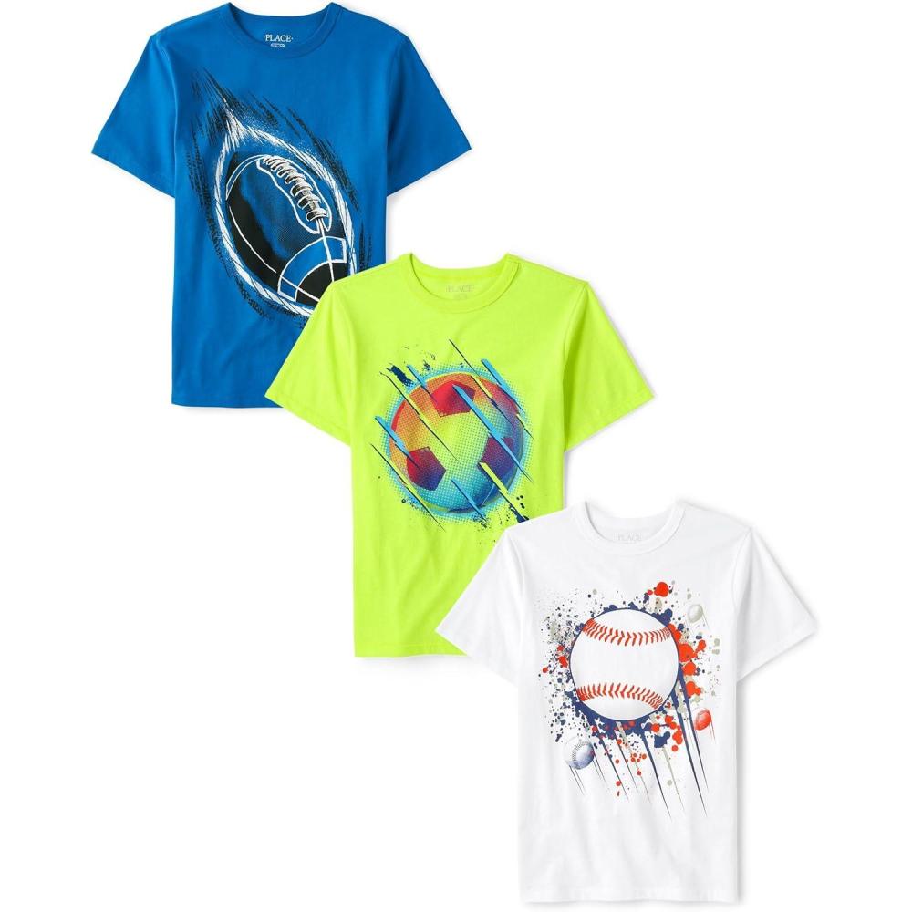 imageThe Childrens Place Boys Sports Short Sleeve Graphic TShirts MultipacksSoccerBaseballFootball Blue 3pack