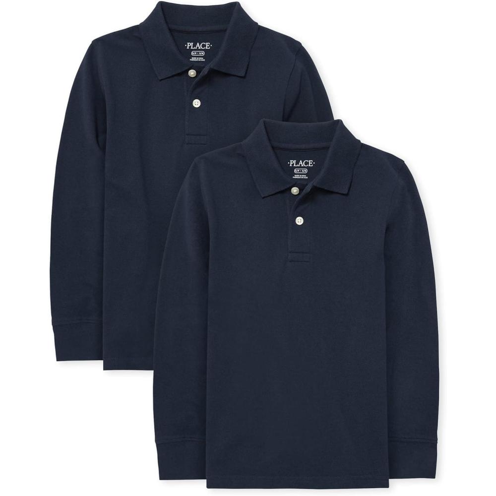 imageThe Childrens Place Boys Uniform Long Sleeve Pique PoloNautico 2pack