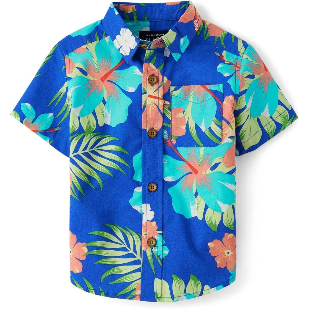 imageThe Childrens Place Boys and Toddler Poplin Short Sleeve Button Down ShirtCool Cobalt Tropical