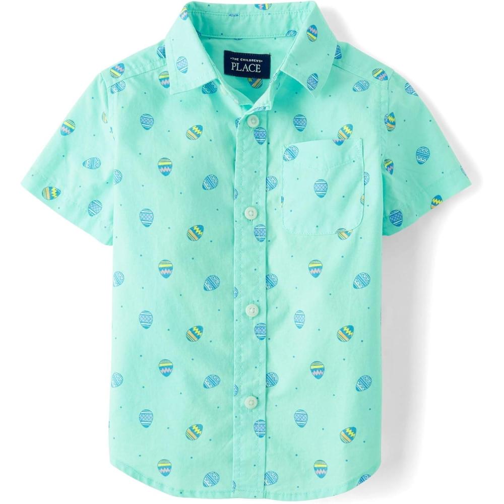 imageThe Childrens Place Boys and Toddler Poplin Short Sleeve Button Down ShirtEaster Egg Mint