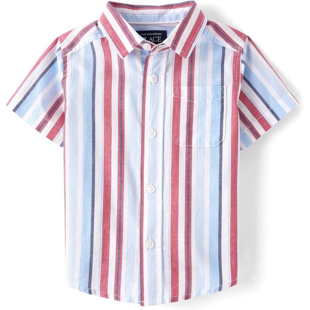 imageThe Childrens Place Boys and Toddler Poplin Short Sleeve Button Down ShirtRed White and Blue Vertical Stripe