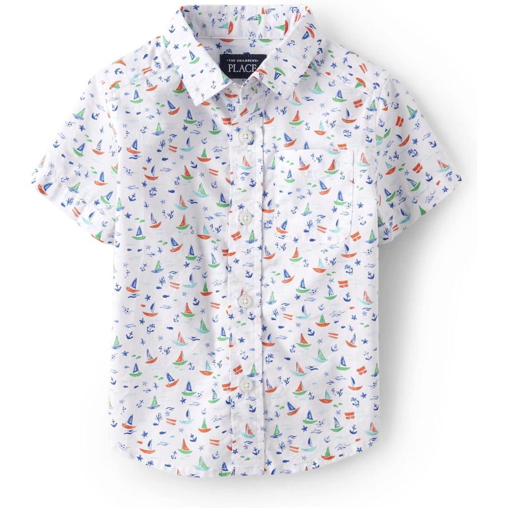 imageThe Childrens Place Boys and Toddler Poplin Short Sleeve Button Down ShirtSmall Boat Print
