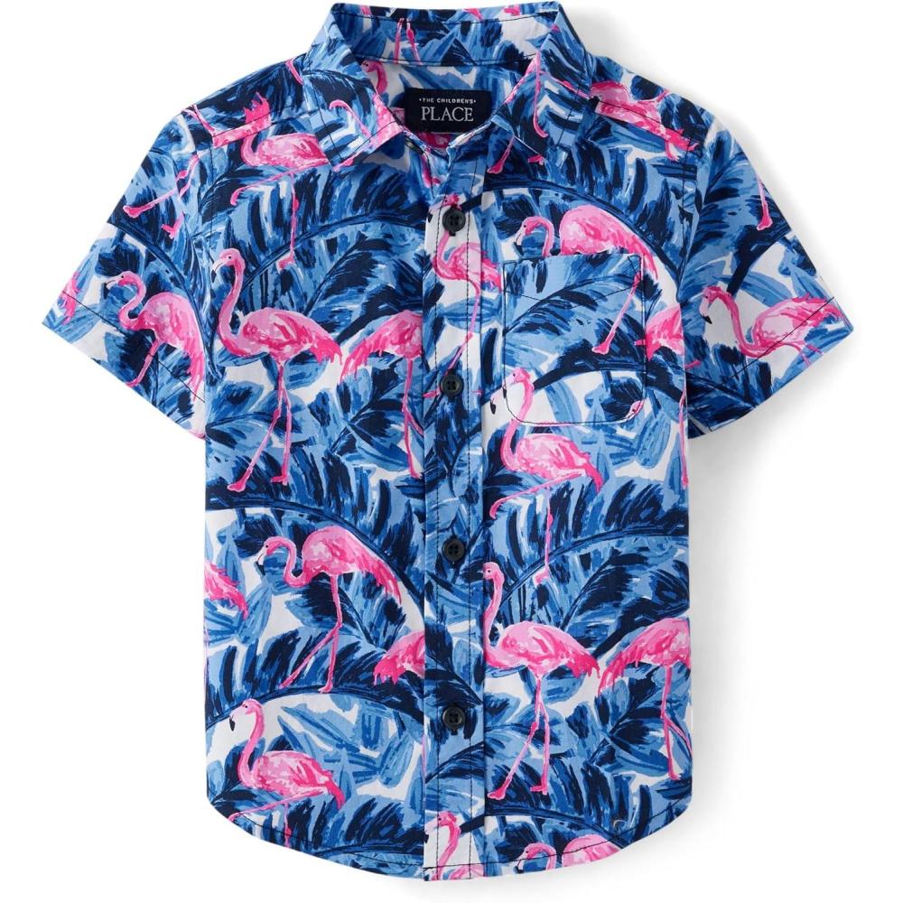 imageThe Childrens Place Boys and Toddler Poplin Short Sleeve Button Down ShirtTidal Flamingo