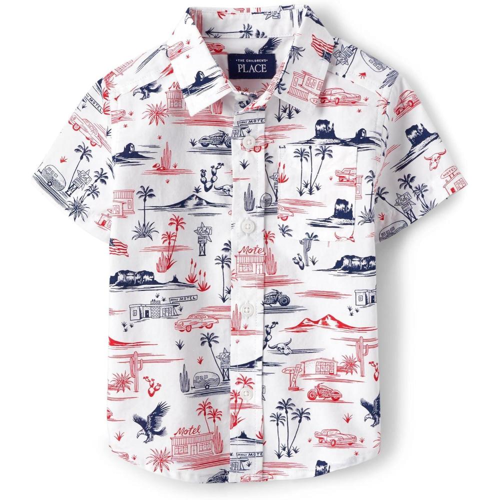 imageThe Childrens Place Boys and Toddler Poplin Short Sleeve Button Down ShirtUsa Road Trip