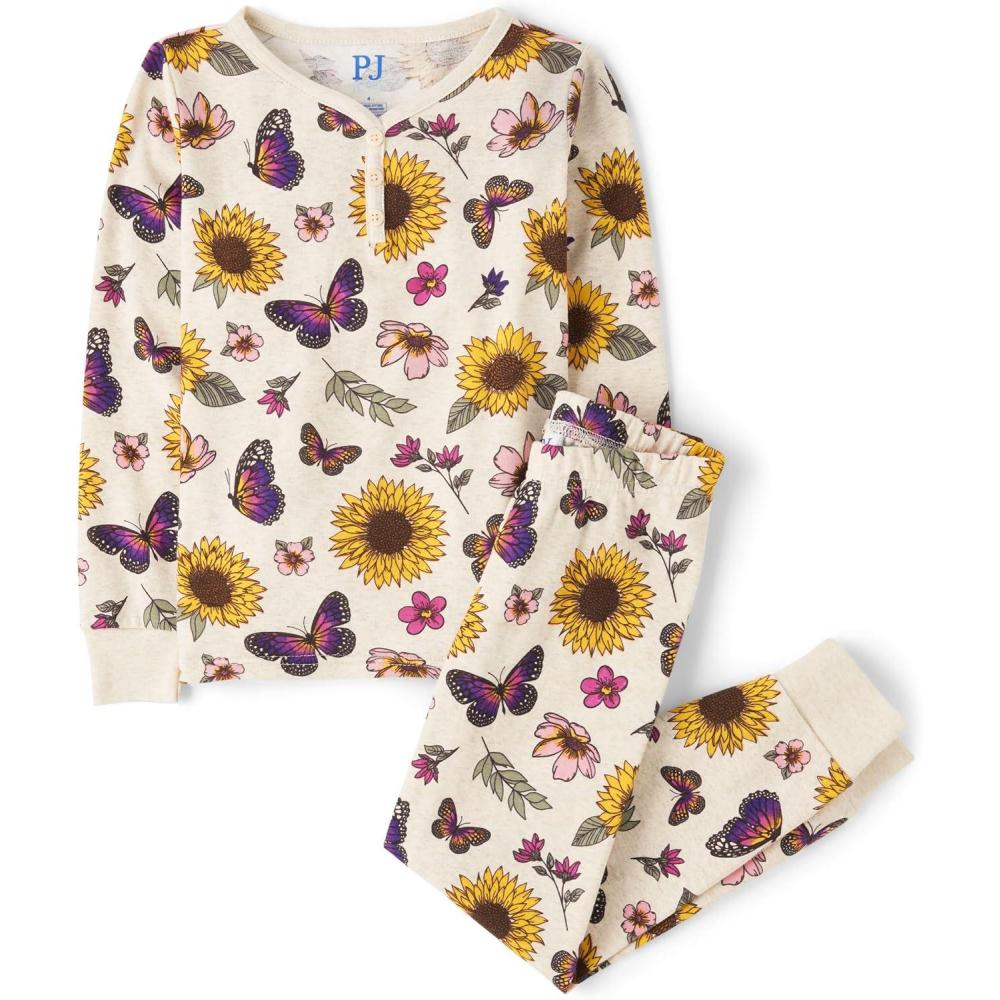 imageThe Childrens Place Girls 100 Cotton Long Sleeve Top and Pants 2 Piece Pajama SetSunflower Butterflies