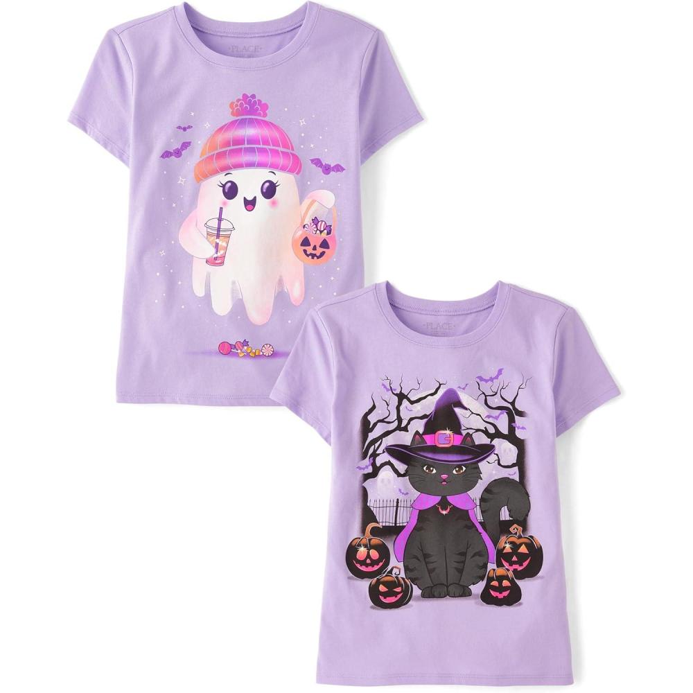 imageThe Childrens Place Girls All HolidaysBirthdays Short Sleeve Graphic TShirts2 PackCatGhost Beanie