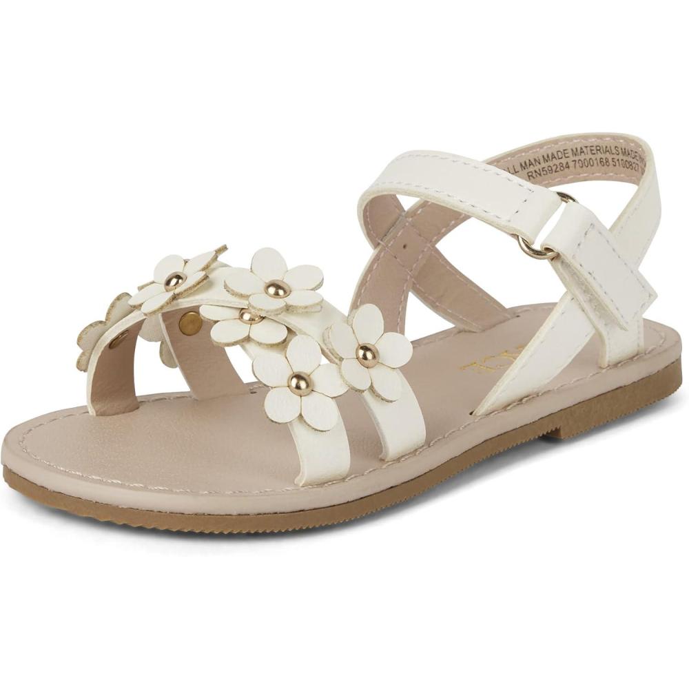 imageThe Childrens Place Girls Baby Toddler Flat Sandals with Adjustable Ankle Strap SlipperWhite Crisscross Floral