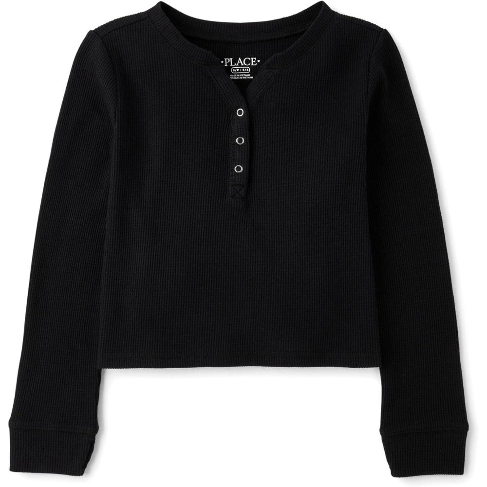 imageThe Childrens Place Girls Basic Long Sleeve Thermal Henley TopsBlack