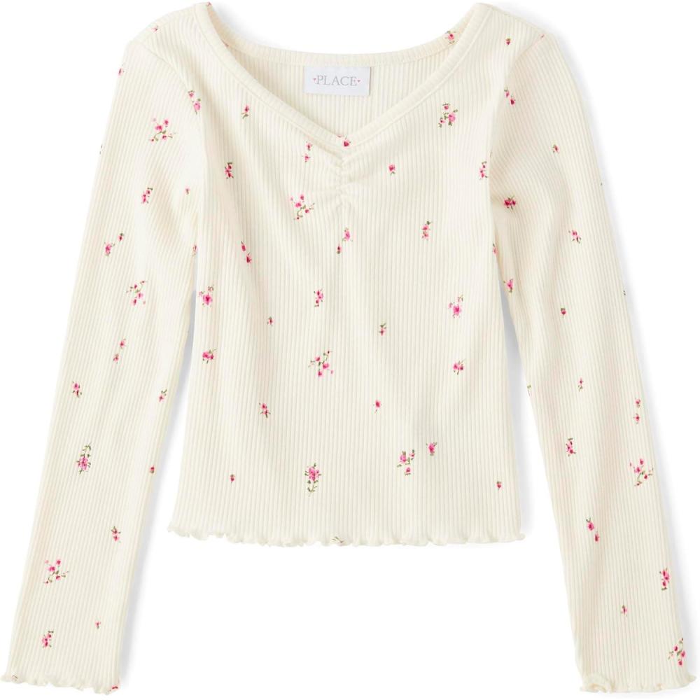 imageThe Childrens Place Girls Basic Long Sleeve VNeck Knit ShirtsWhite Daisy