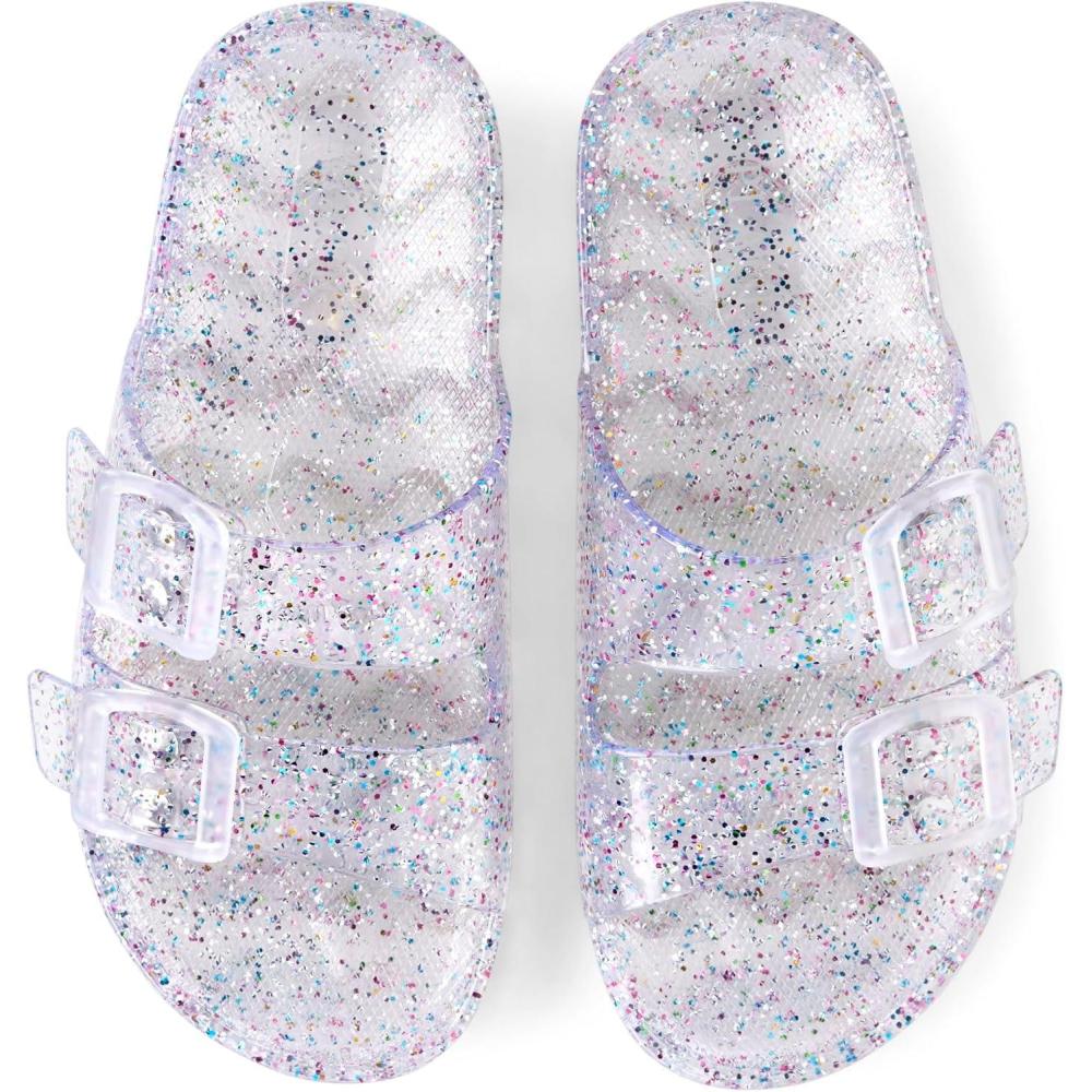 imageThe Childrens Place Girls Double Buckle Slip On Slide Sandals White Paint SplatterClear Glitter Jelly