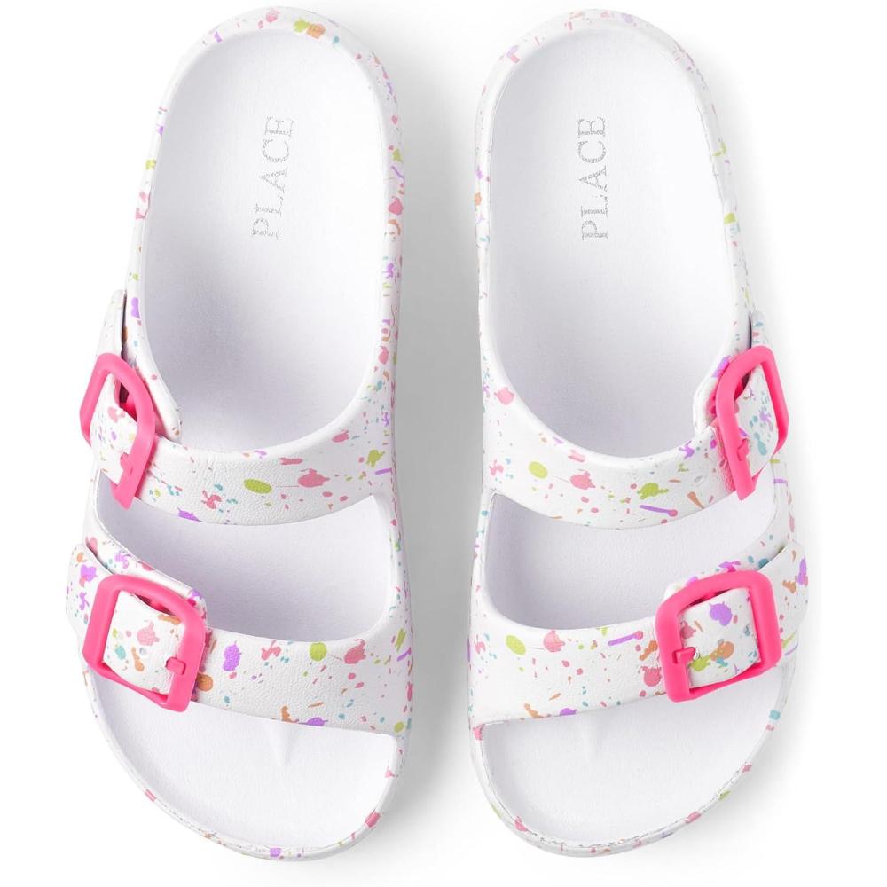 imageThe Childrens Place Girls Double Buckle Slip On Slide Sandals White Paint SplatterWhite Paint Splatter