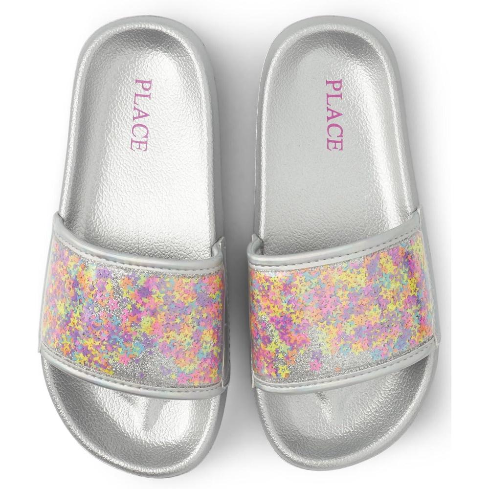 imageThe Childrens Place Girls Everday Slip on Slide SandalsGlitter Waves