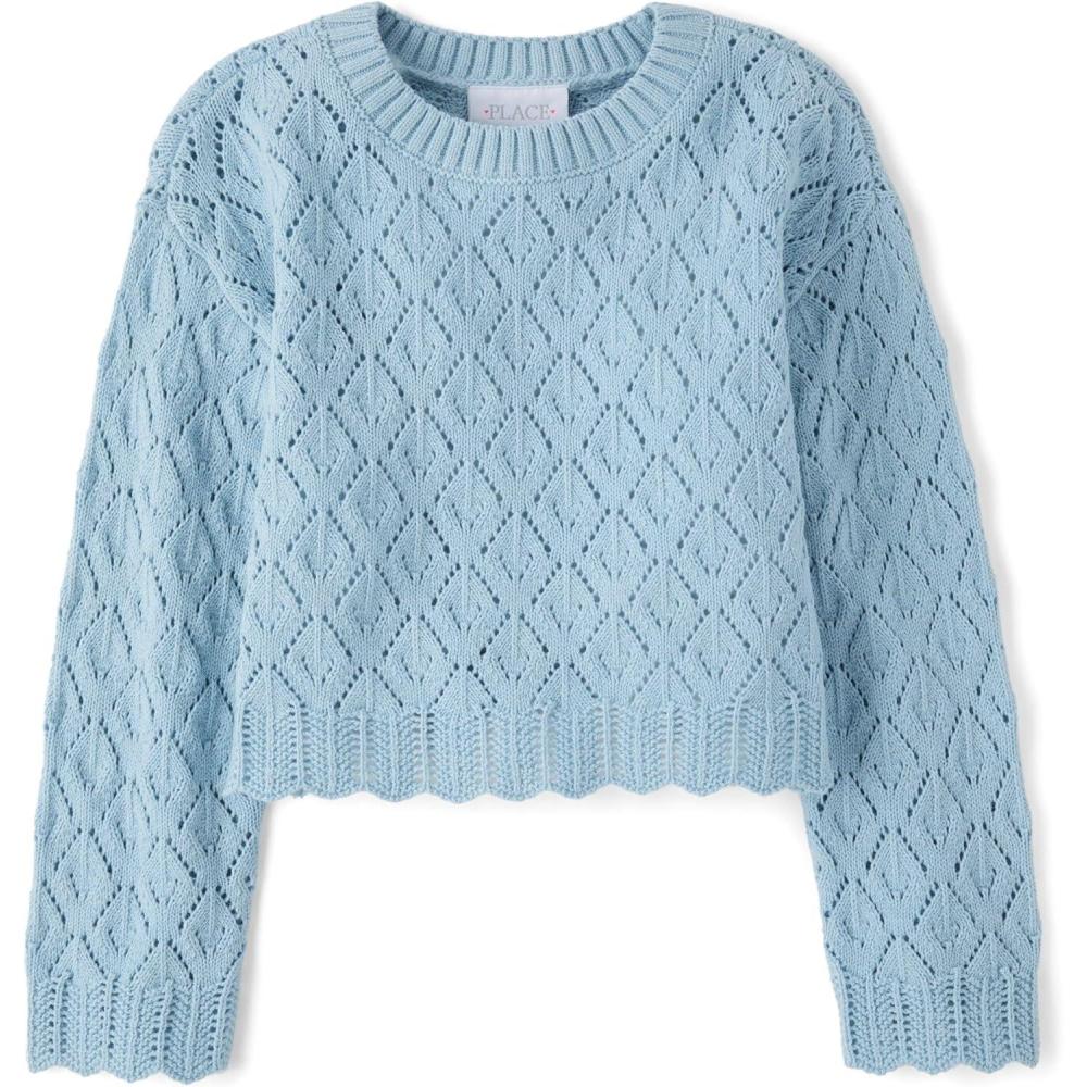 imageThe Childrens Place Girls Long Sleeve Crew Neck Pullover SweaterChalk Blue Crochet