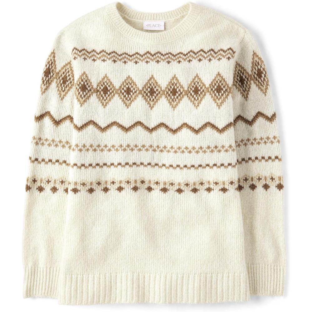 imageThe Childrens Place Girls Long Sleeve Crew Neck Pullover SweaterCinnamon Fairisle