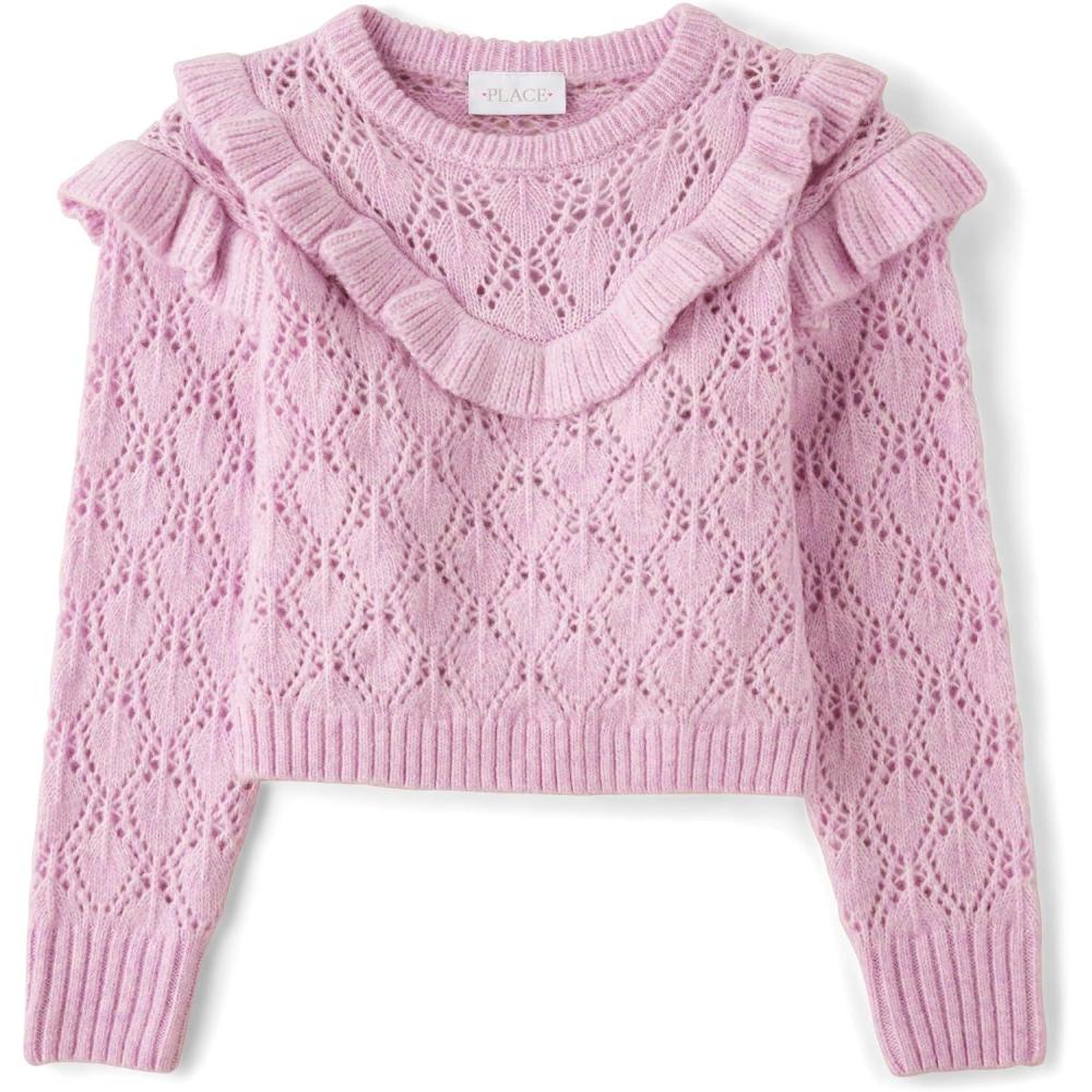 imageThe Childrens Place Girls Long Sleeve Crew Neck Pullover SweaterLilac Ruffle