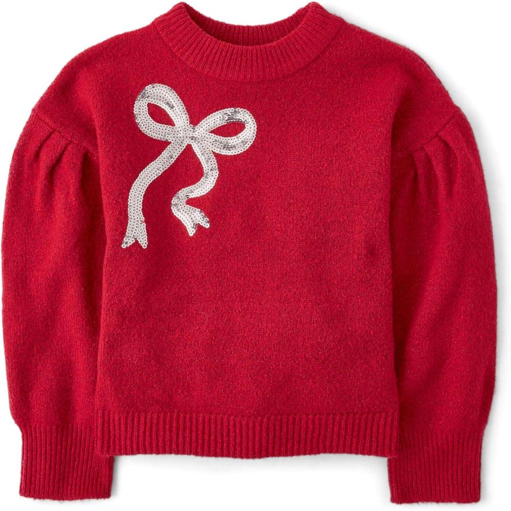 imageThe Childrens Place Girls Long Sleeve Crew Neck Pullover SweaterRed Bow