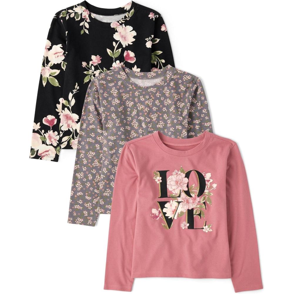 imageThe Childrens Place Girls Long Sleeve Knit Fashion ShirtLoveFloralGray 3pack