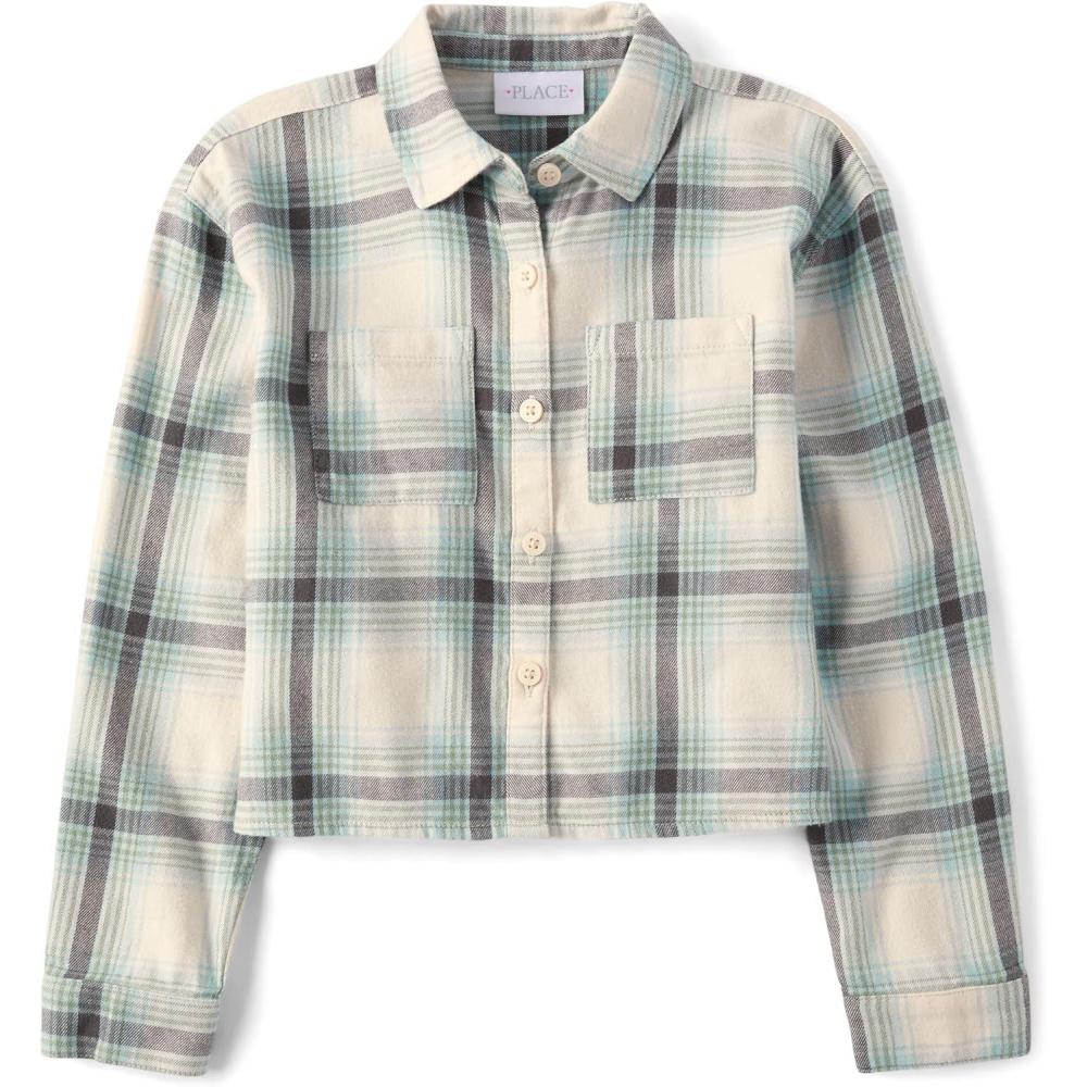imageThe Childrens Place Girls Long Sleeve Plaid Button Up ShirtDusky Blue