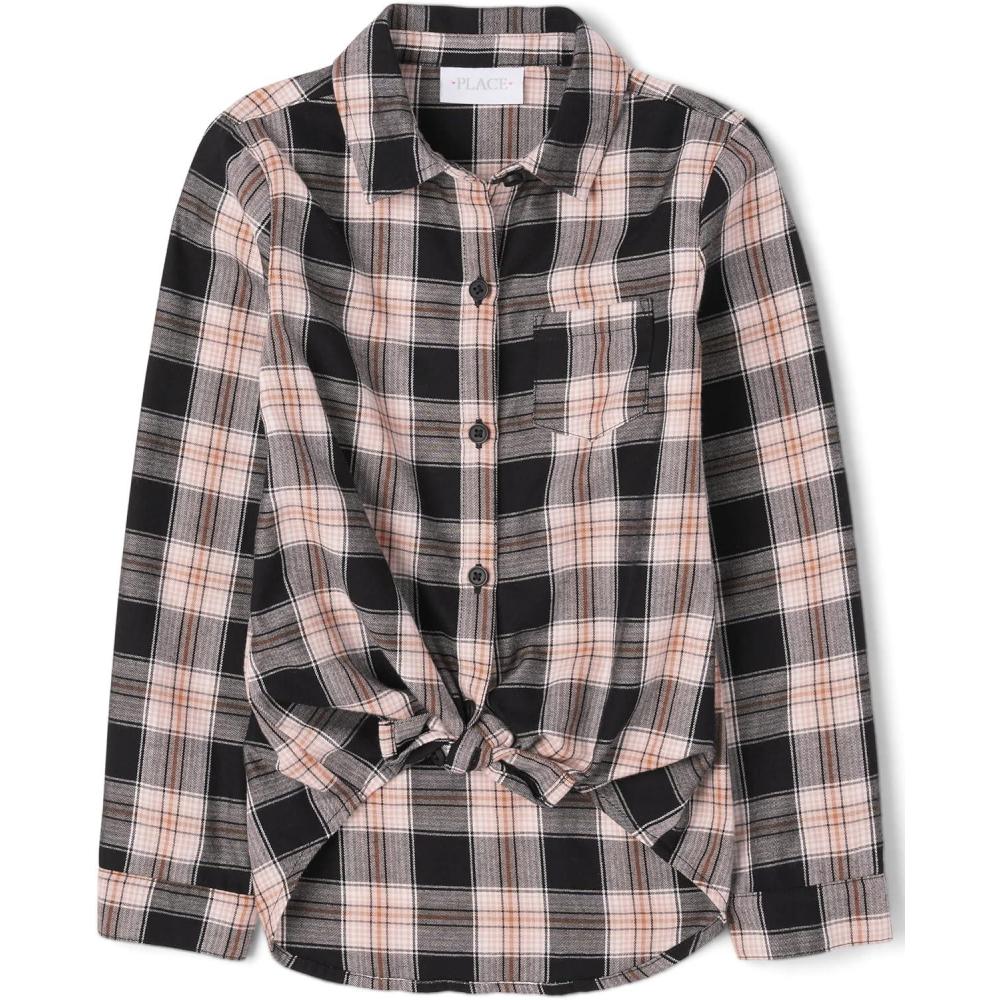 imageThe Childrens Place Girls Long Sleeve Plaid Twill Tie Front Button Down ShirtBlackPink Plaid