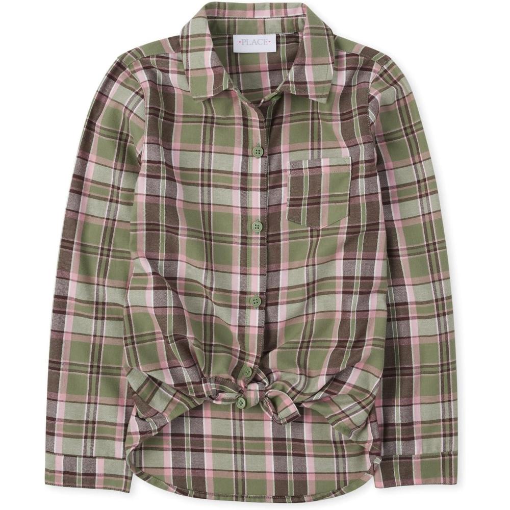 imageThe Childrens Place Girls Long Sleeve Plaid Twill Tie Front Button Down ShirtMint Green Plaid