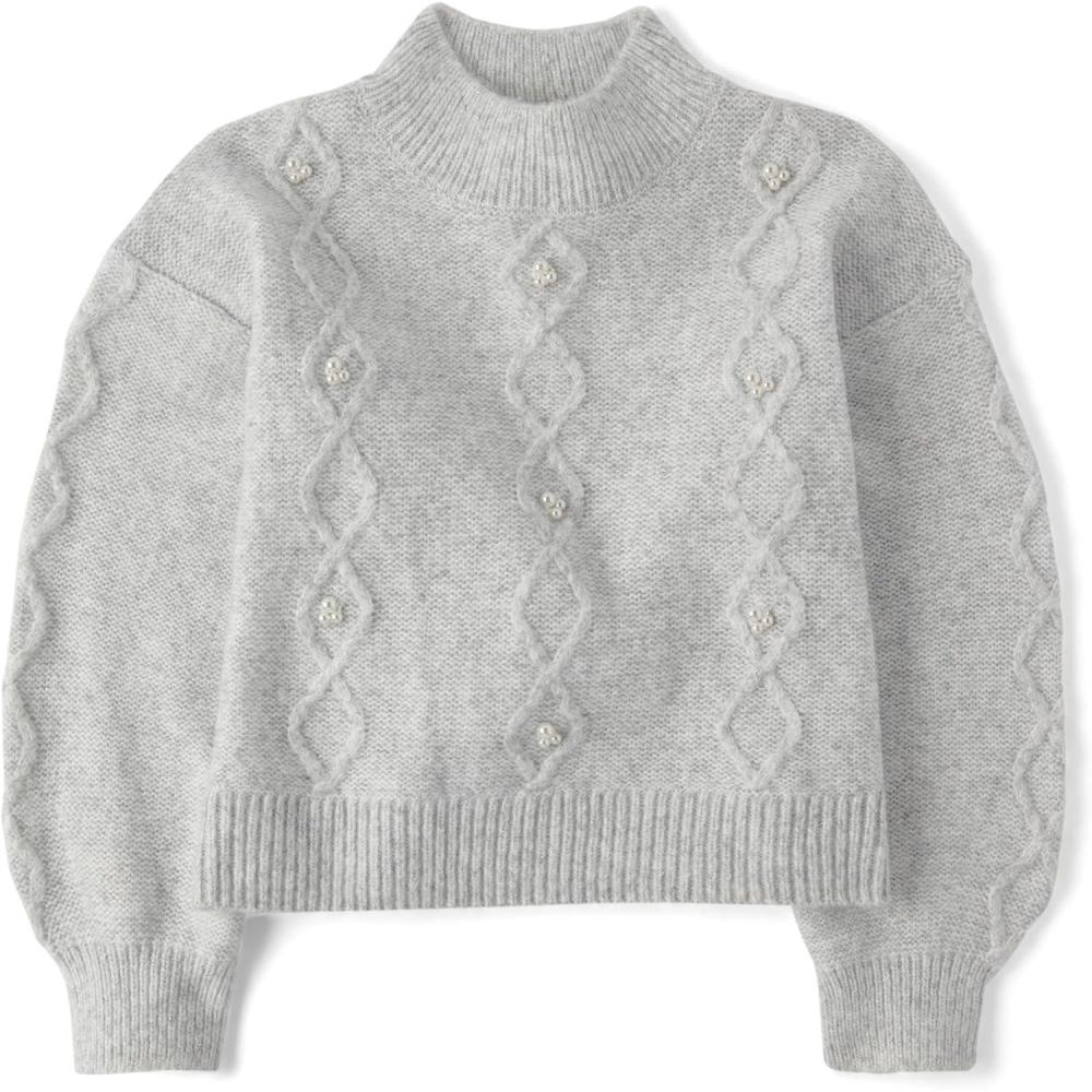 imageThe Childrens Place Girls Long Sleeve Pullover Cable Knit SweaterMist Pearl