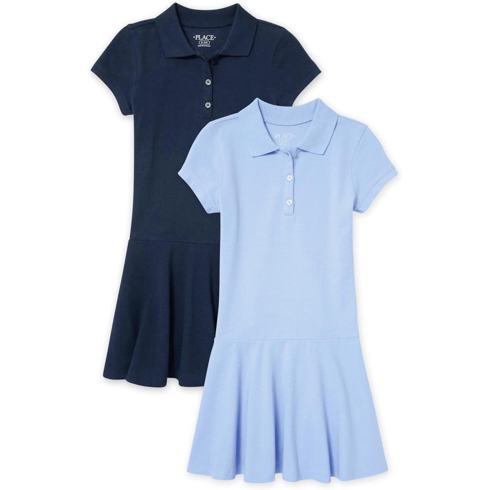 imageThe Childrens Place Girls Pique Polo DressLt BlueTidal 2pack