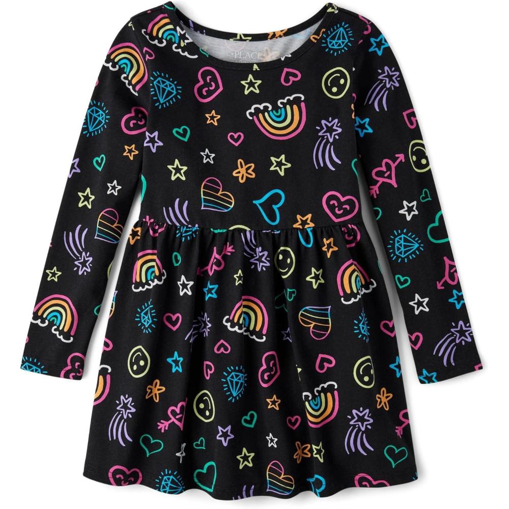 imageThe Childrens Place Girls Printed Skater Dress Long SleeveBlack Doodle Icons