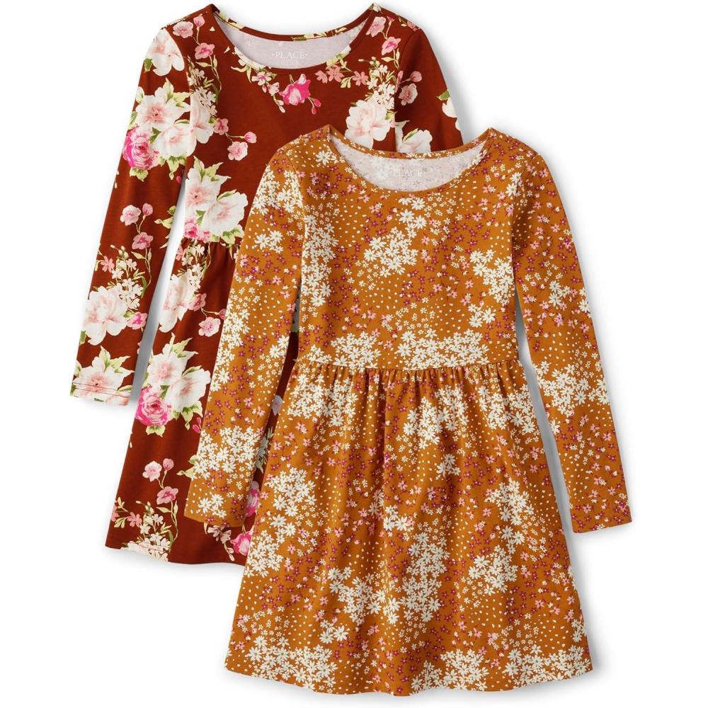 imageThe Childrens Place Girls Printed Skater Dress Long SleeveCake Floralhoneycomb Sm Paulina Floralhot Spice 2pack
