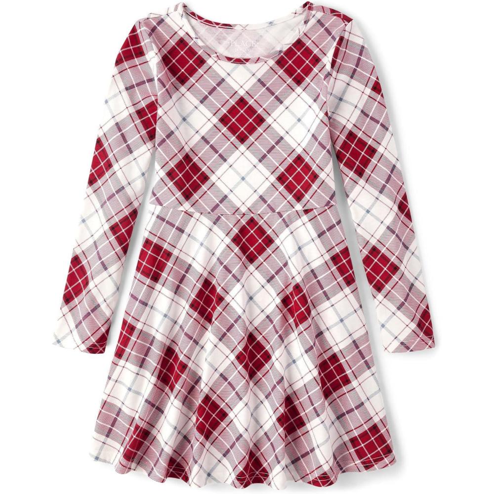 imageThe Childrens Place Girls Printed Skater Dress Long SleeveCheckered Red