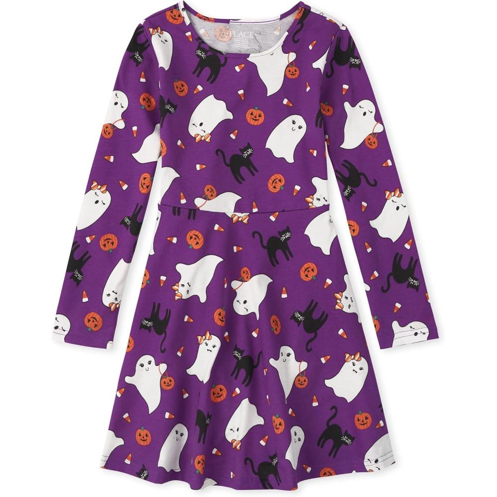 imageThe Childrens Place Girls Printed Skater Dress Long SleevePurple Ghost Pumpkin Black Cat
