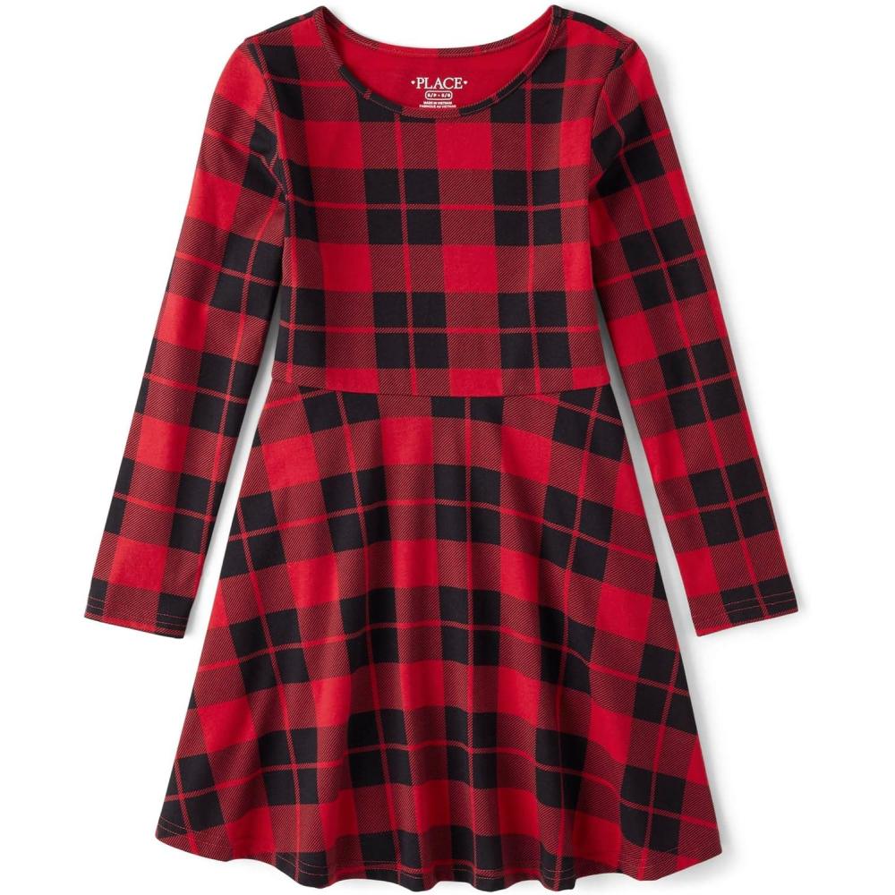imageThe Childrens Place Girls Printed Skater Dress Long SleeveRed Plaid