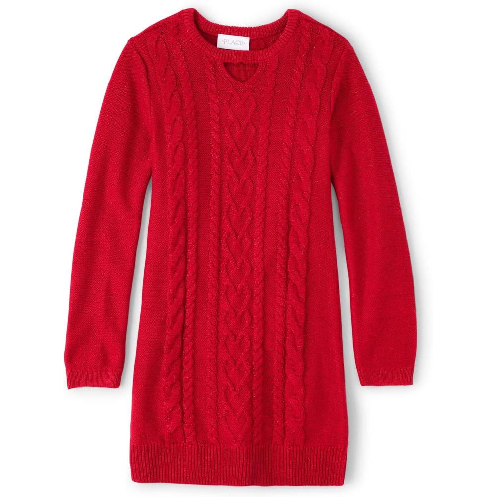 imageThe Childrens Place Girls Puff Sleeve Dress Long SleeveCable Knit Red