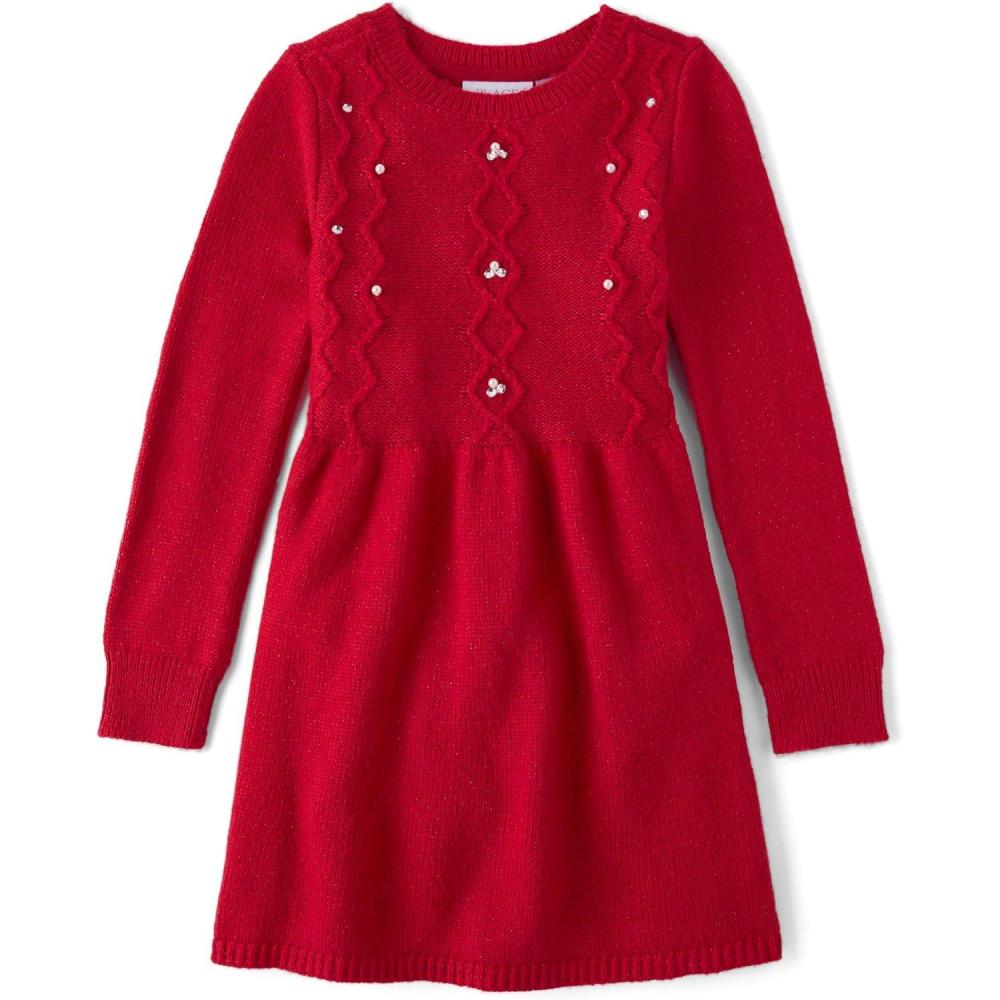 imageThe Childrens Place Girls Puff Sleeve Dress Long SleeveRed Pearl