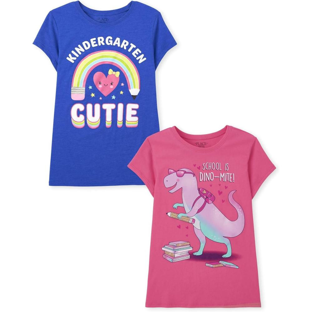 imageThe Childrens Place Girls School Days Short Sleeve Graphic TShirtsmultipacksKindergarten CutieSchool Dino Mite