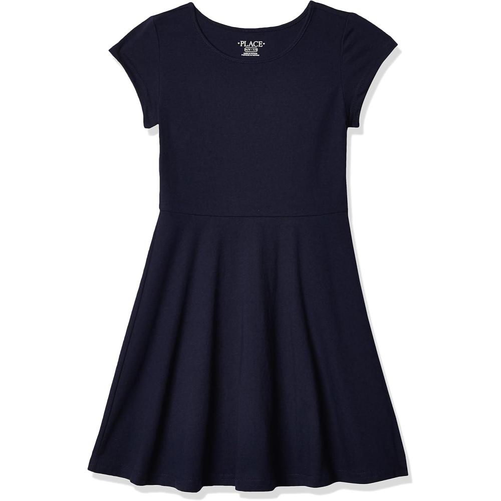 imageThe Childrens Place Girls Short Sleeve Basic Skater Dress 2 PackTidal Single