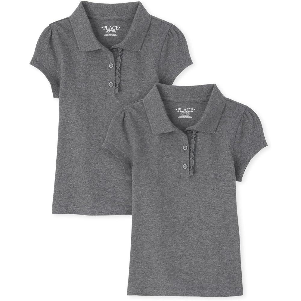 imageThe Childrens Place Girls Short Sleeve Ruffle Pique Polo 2 PackDark Heather Gray