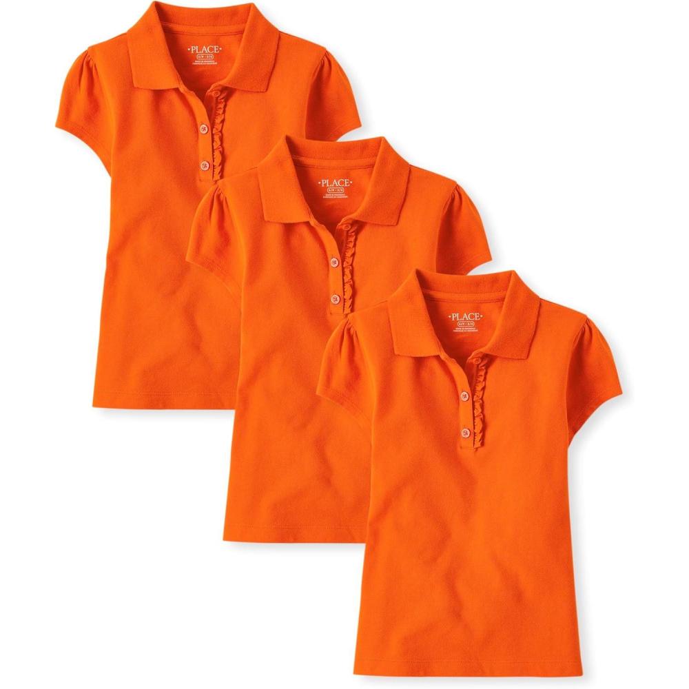 imageThe Childrens Place Girls Short Sleeve Ruffle Pique Polo 3 PackFlame